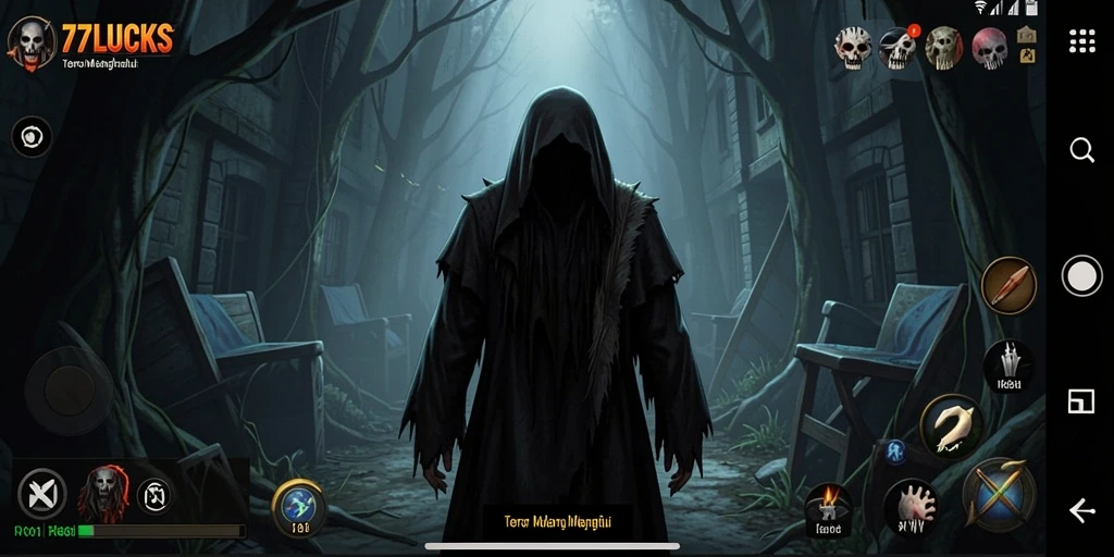 Screenshot gameplay menegangkan dari 77LUCKS dengan suasana yang mencekam.