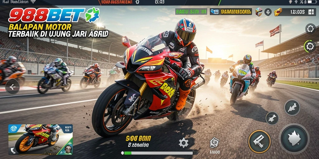 Screenshot utama 988BET menampilkan aksi balapan motor yang mendebarkan.