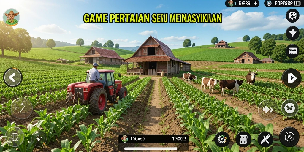 Screenshot gameplay RAP89 menunjukkan pertanian yang subur dan aktif.