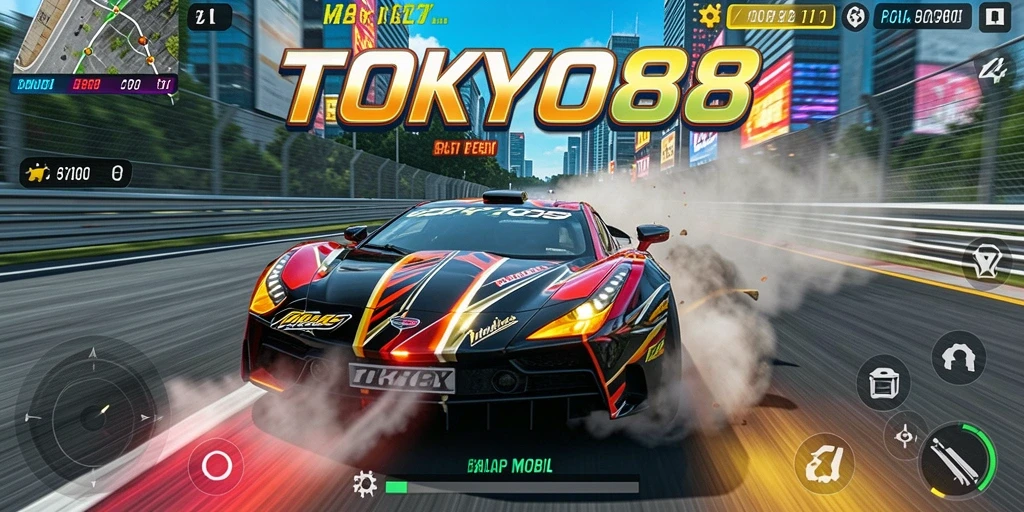 Tampilan gameplay Racing TOKYO88 dengan mobil melaju kencang di jalanan Tokyo.